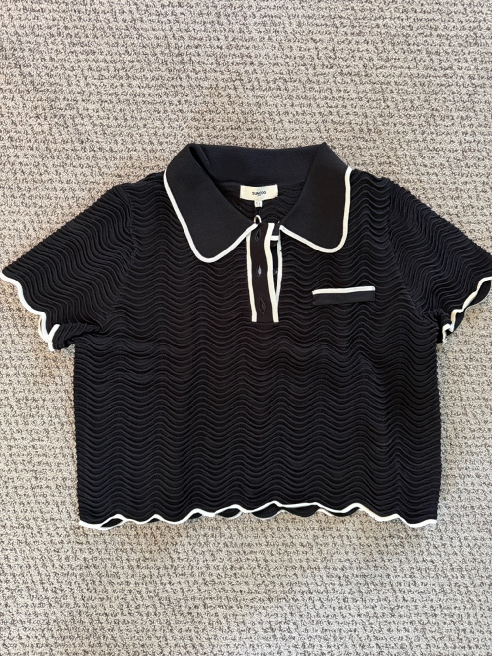SUNCOO Black Knit Polo Top with White Trim